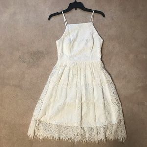 White Lace Mini Dress, High Neck and Lace Up Back